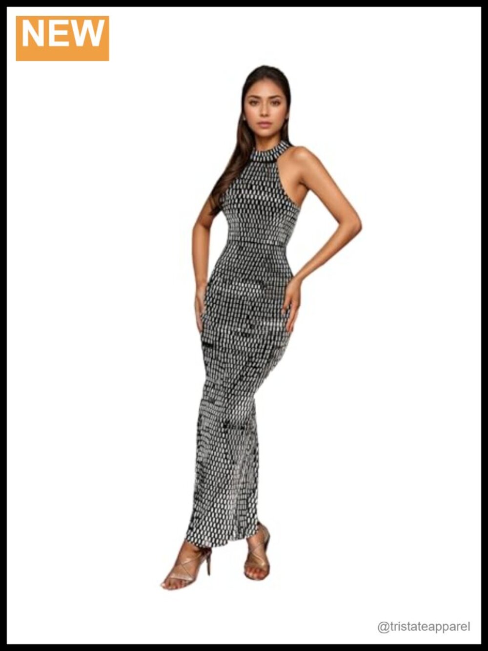Rhinestone Mesh Bodycon Halter Midi Dress Party Club Evening Gown